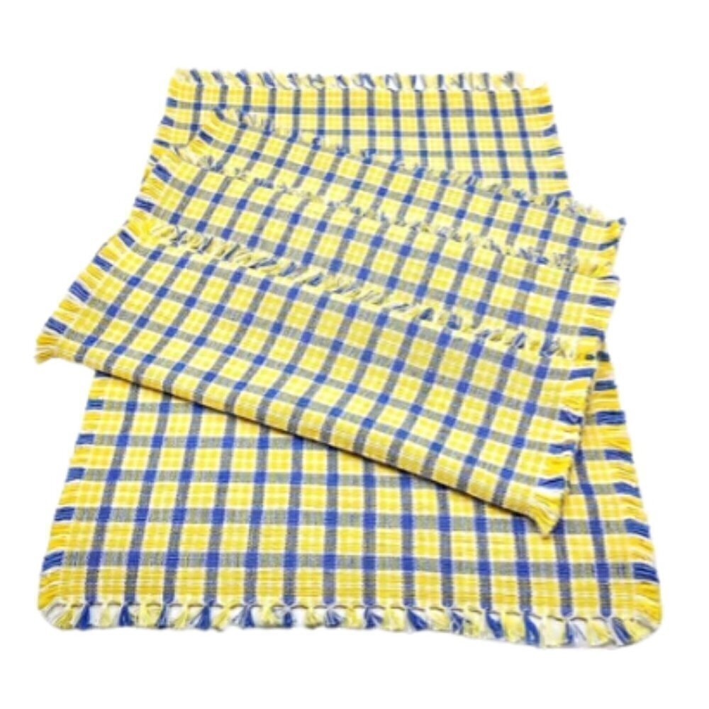 Set of 4 Blue Yellow Plaid Check Fringed Cotton Placemats